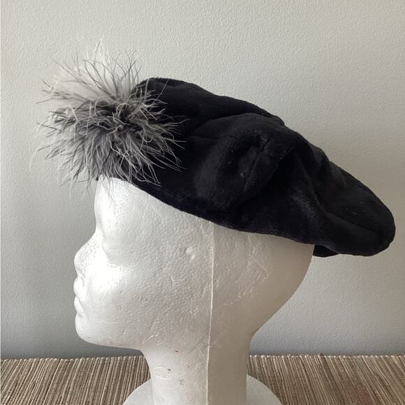 Y2K Black Beret Chic Hat Barbiecore With Feather Pom Pom - Picture 3 of 5